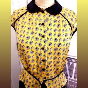 MILLY - Yellow Silk Suitcase Print Blouse - Small